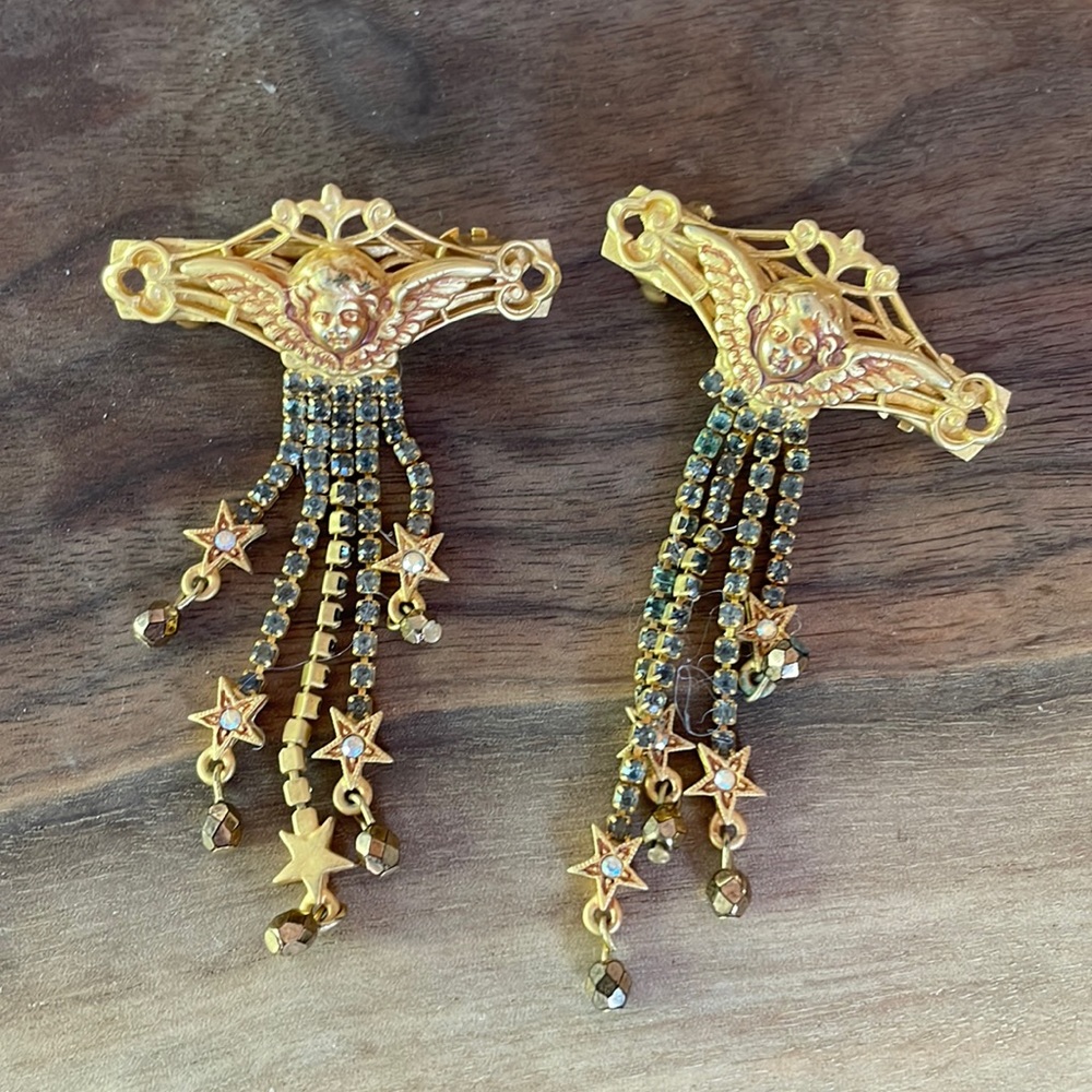 Vintage Kirks Folly cherub falling stars gold tone barrettes‎ RARE